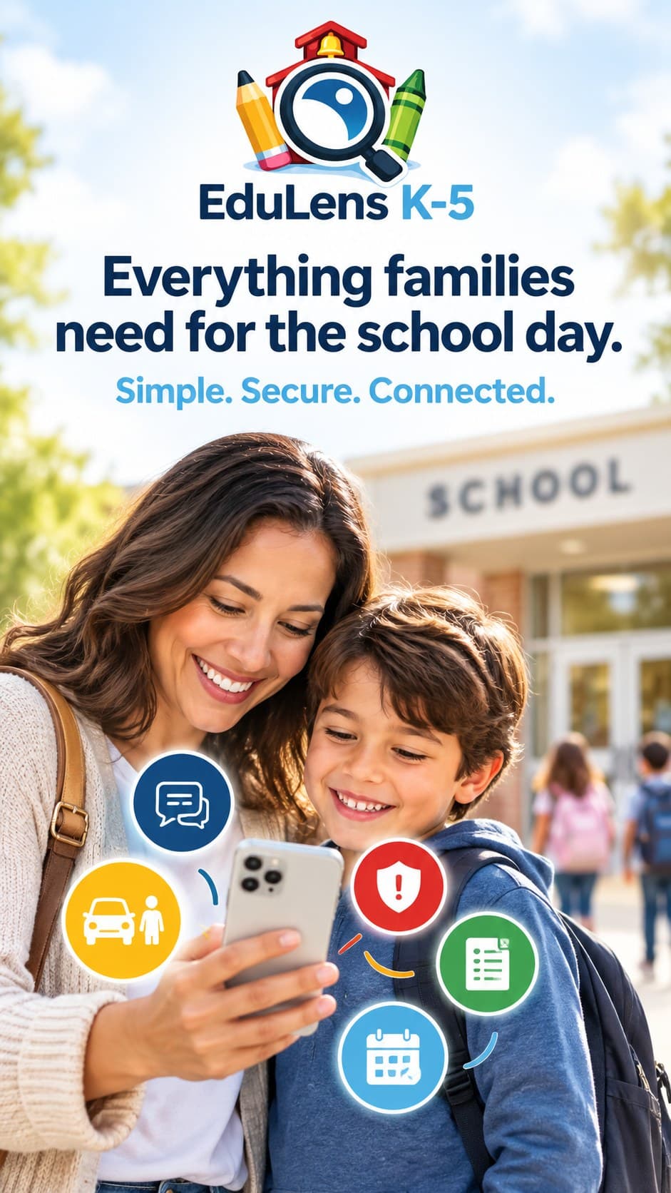 A parent and child looking together at the EduLens K-5 app outside an elementary school, with icons for messages, pickup and dismissal, safety updates, forms, and the calendar. Everything families need for the school day: simple, secure, connected.
