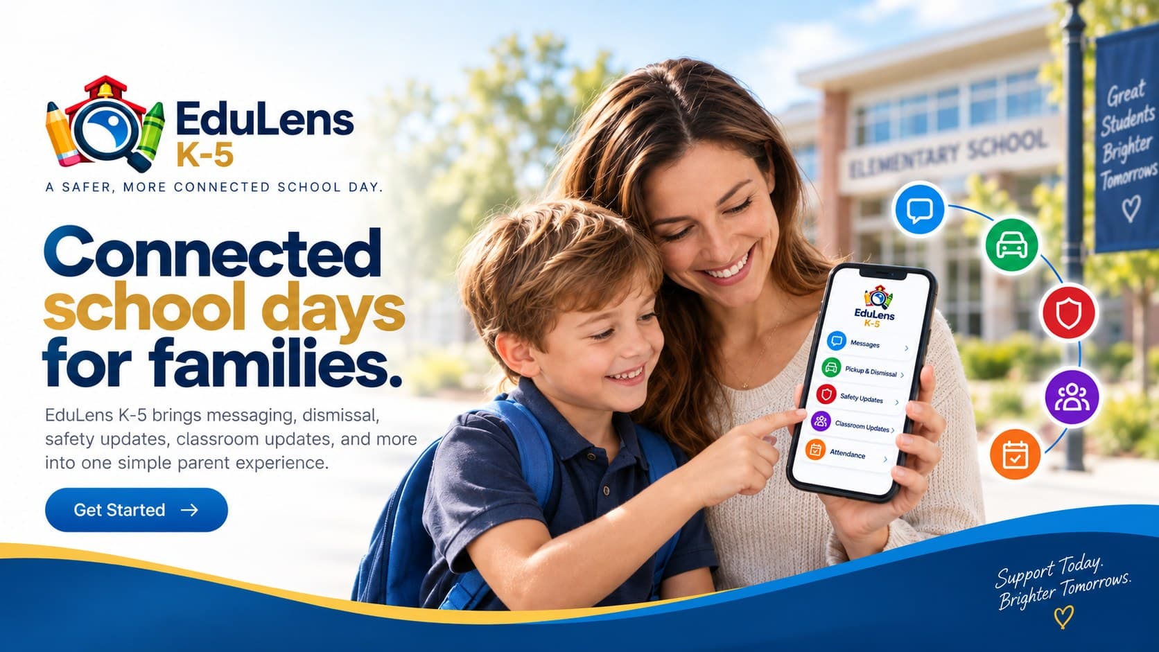 A parent and child looking together at the EduLens K-5 app outside an elementary school, with icons for messages, pickup and dismissal, safety updates, classroom updates, and attendance.