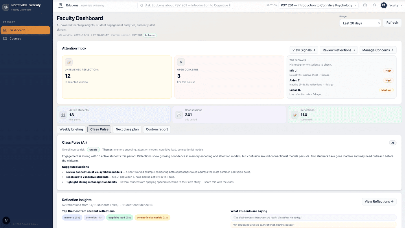 EduLens Higher Education — Faculty Dashboard with AI-powered Class Pulse, student signals, and reflection insights